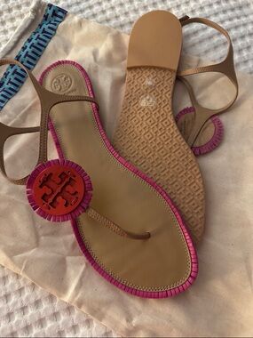 Tory Burch Tan Leather Thong Sandals with Pink Fringe and Red Logo
